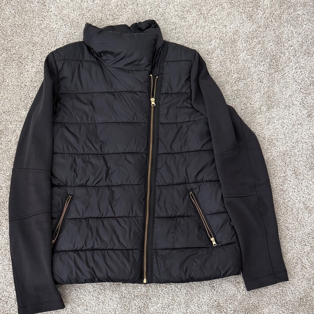 Black Quilted Puffer Jacket with Gold Zippers - Medium Tall